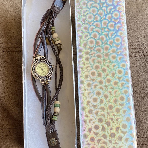 Kano Bak Brown Leather Beaded Bracelet 8" Watch - Picture 5 of 7